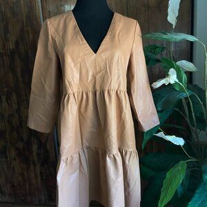 Zara Faux Leather Tiered Midi Dress Tan V-Neck Long Sleeve Size S